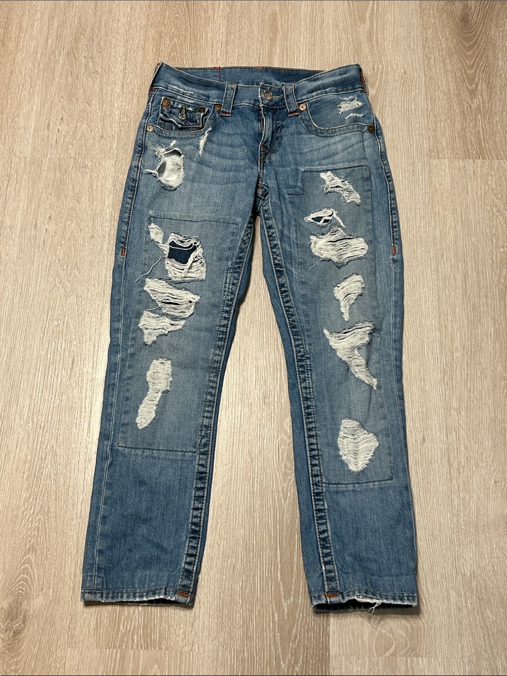 True Religion Distressed Patched Slim Blue Women's Jeans Sz 27